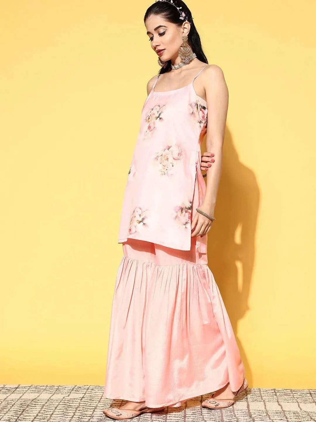 Peach Printed Organza Straight Sharara Suit Set With Dupatta