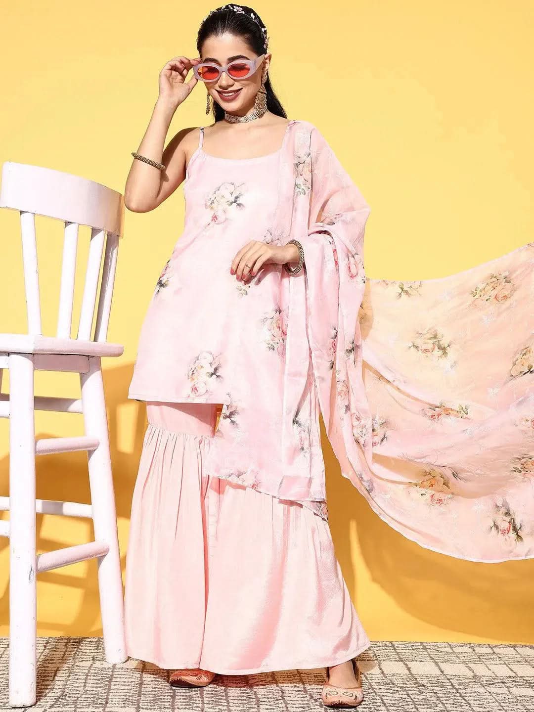 Peach Printed Organza Straight Sharara Suit Set With Dupatta