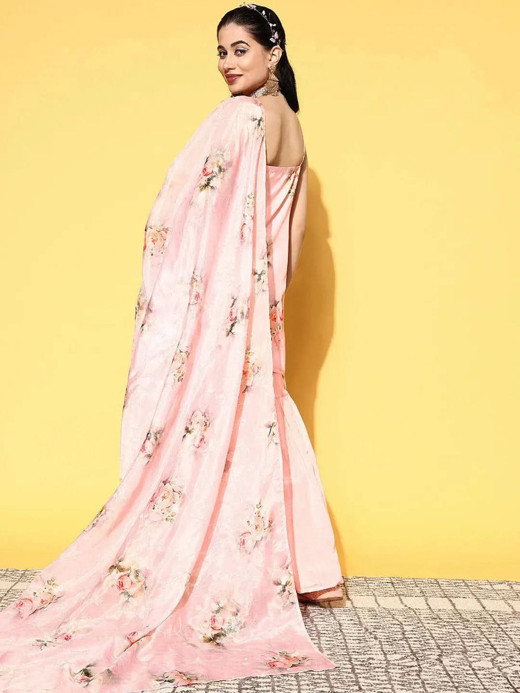 Peach Printed Organza Straight Sharara Suit Set With Dupatta