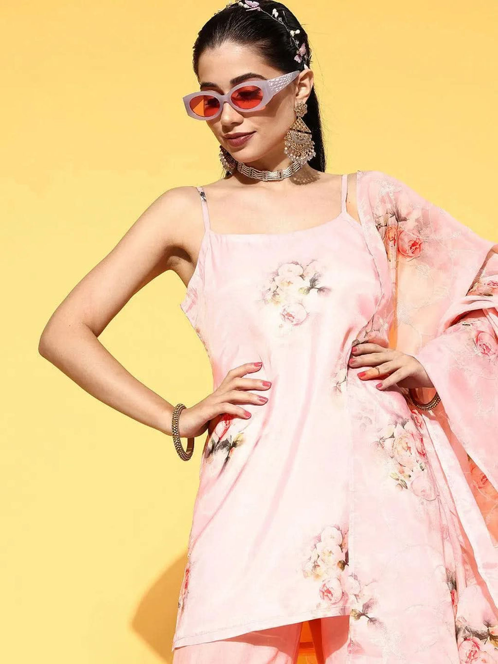 Peach Printed Organza Straight Sharara Suit Set With Dupatta