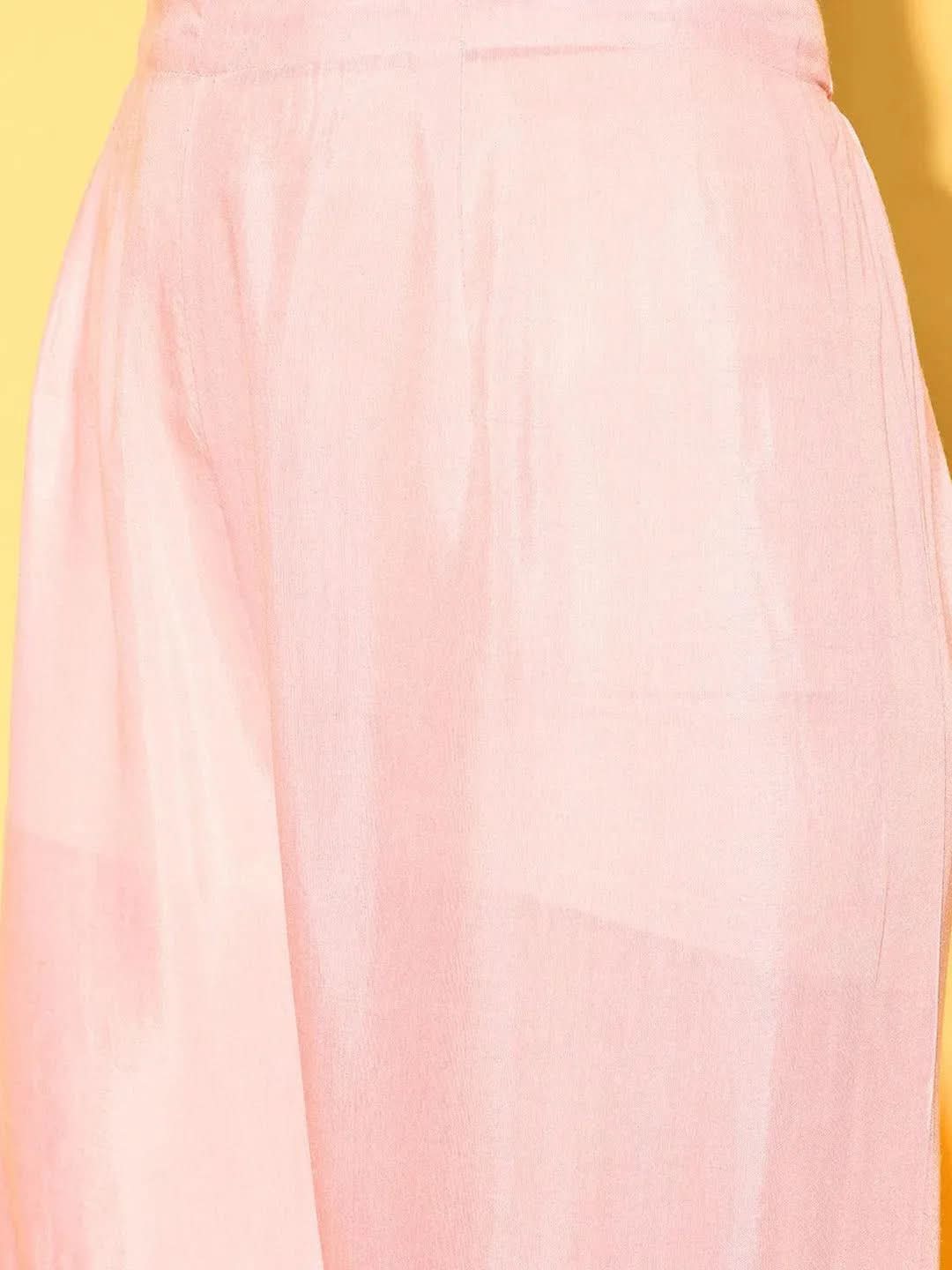 Peach Printed Organza Straight Sharara Suit Set With Dupatta