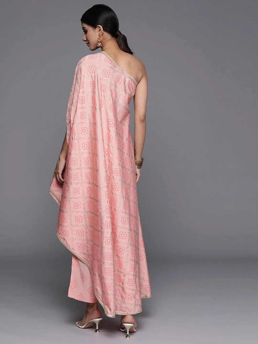 Peach Printed Silk Blend Kaftan Kurta With Trousers