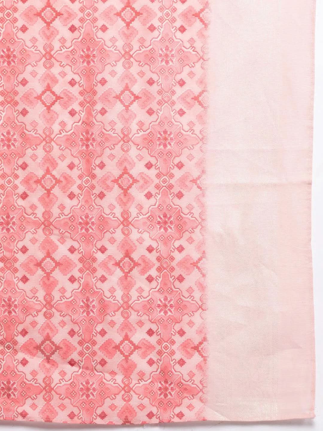 Peach Printed Silk Blend Straight Kurta With Trousers & Dupatta