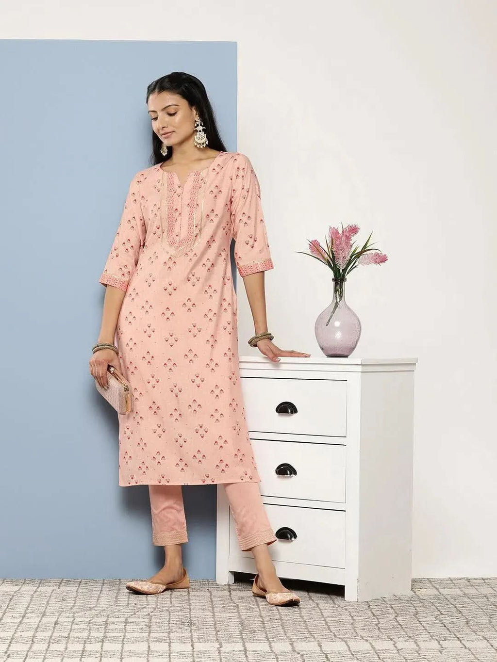 Peach Printed Silk Straight Kurta - Libas