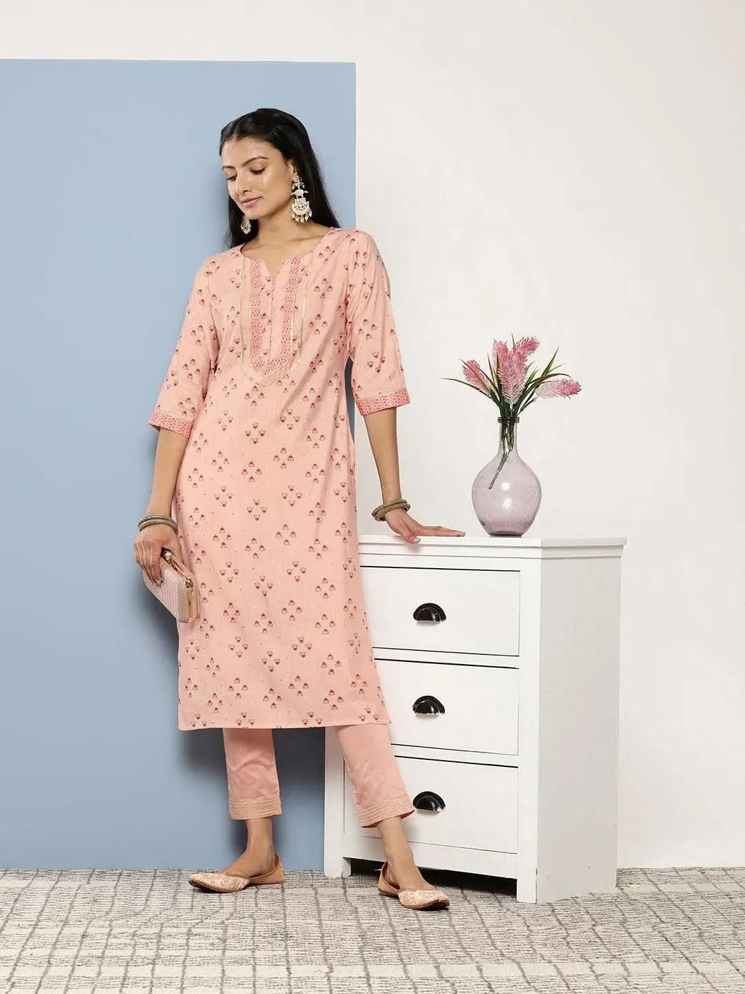 Peach Printed Silk Straight Kurta - Libas