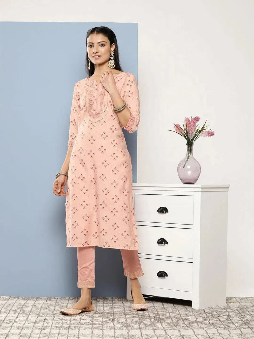 Peach Printed Silk Straight Kurta - Libas