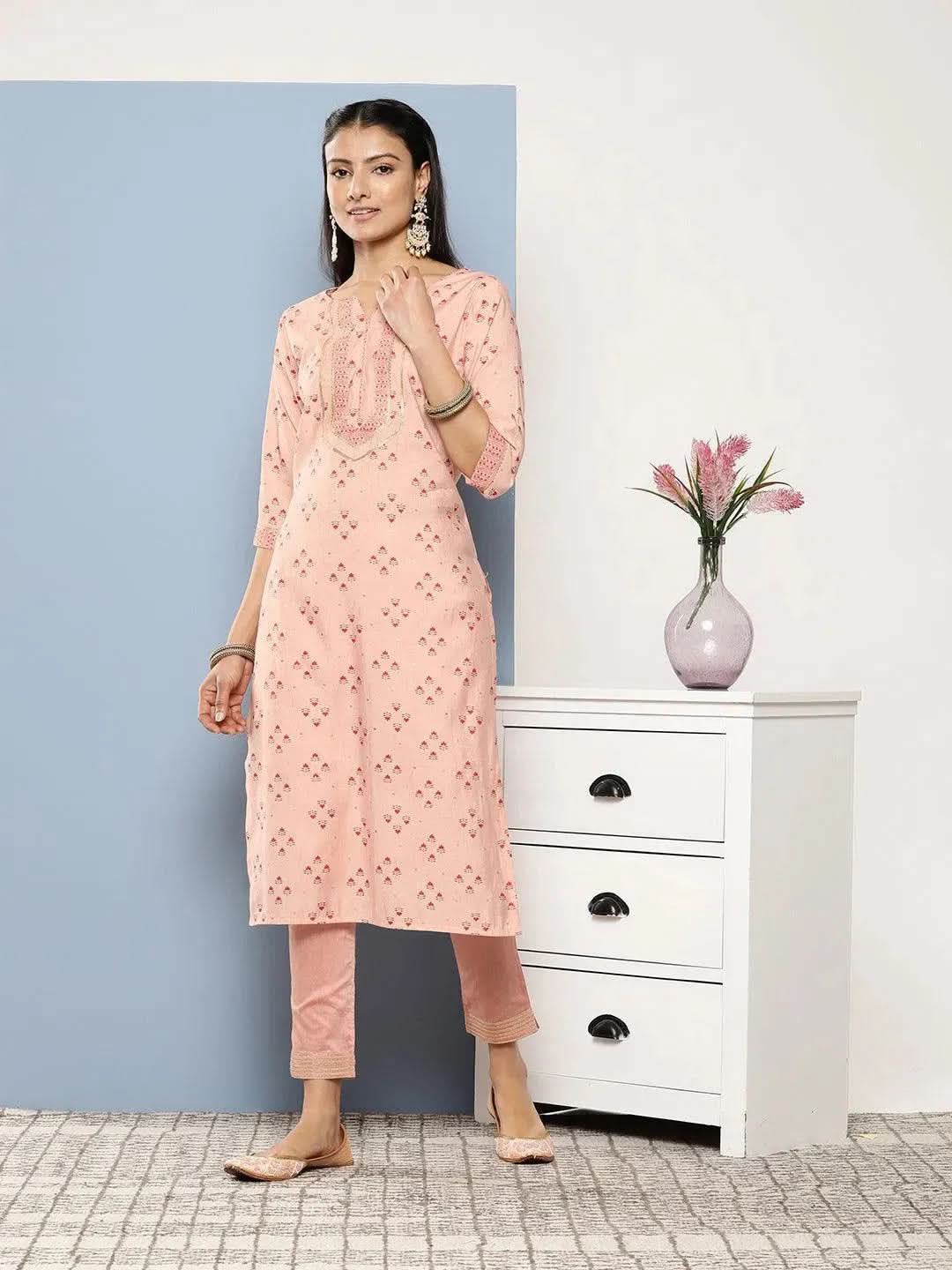 Peach Printed Silk Straight Kurta - Libas
