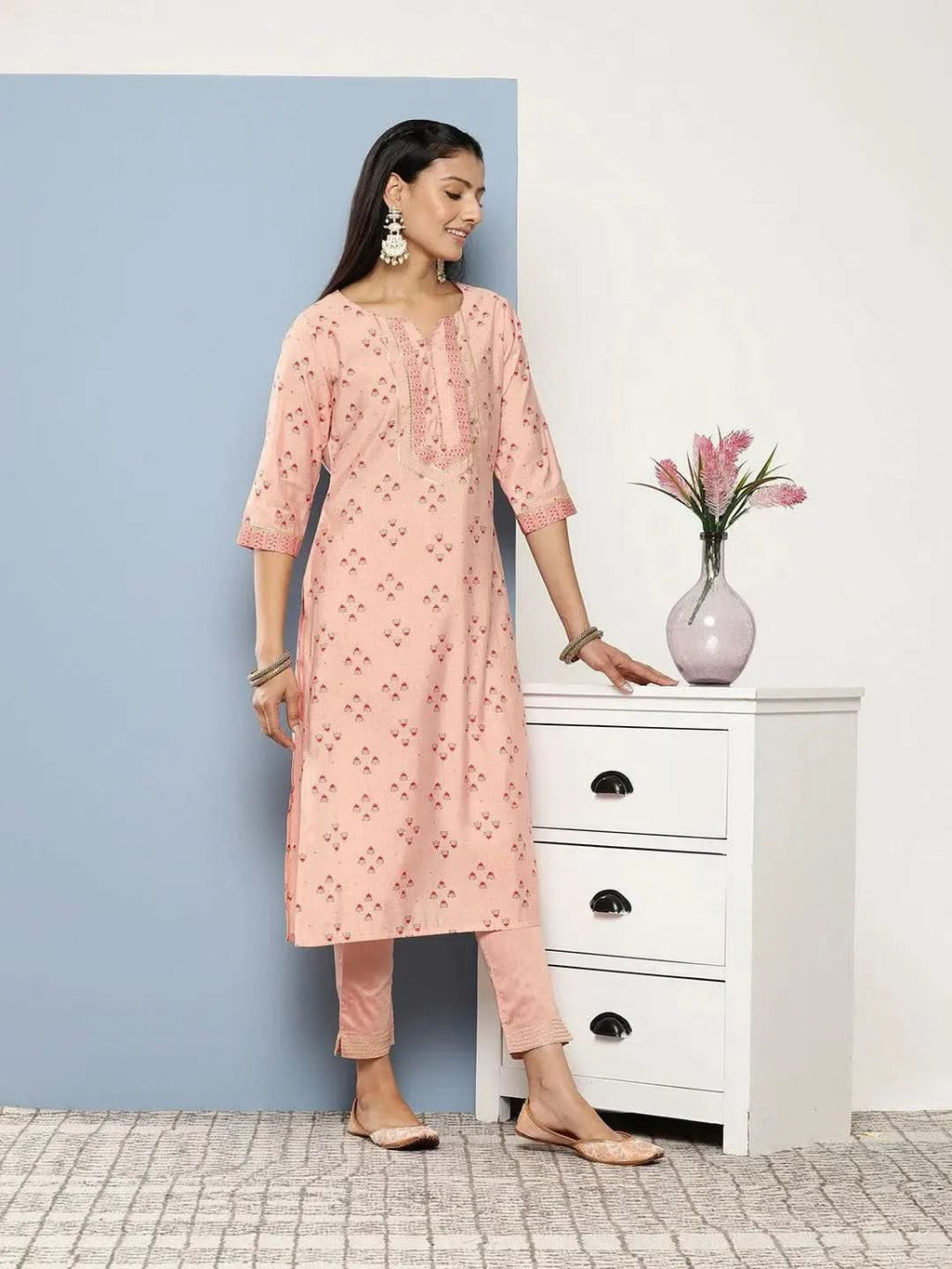 Peach Printed Silk Straight Kurta - Libas
