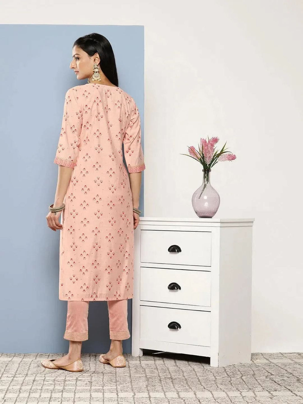 Peach Printed Silk Straight Kurta - Libas
