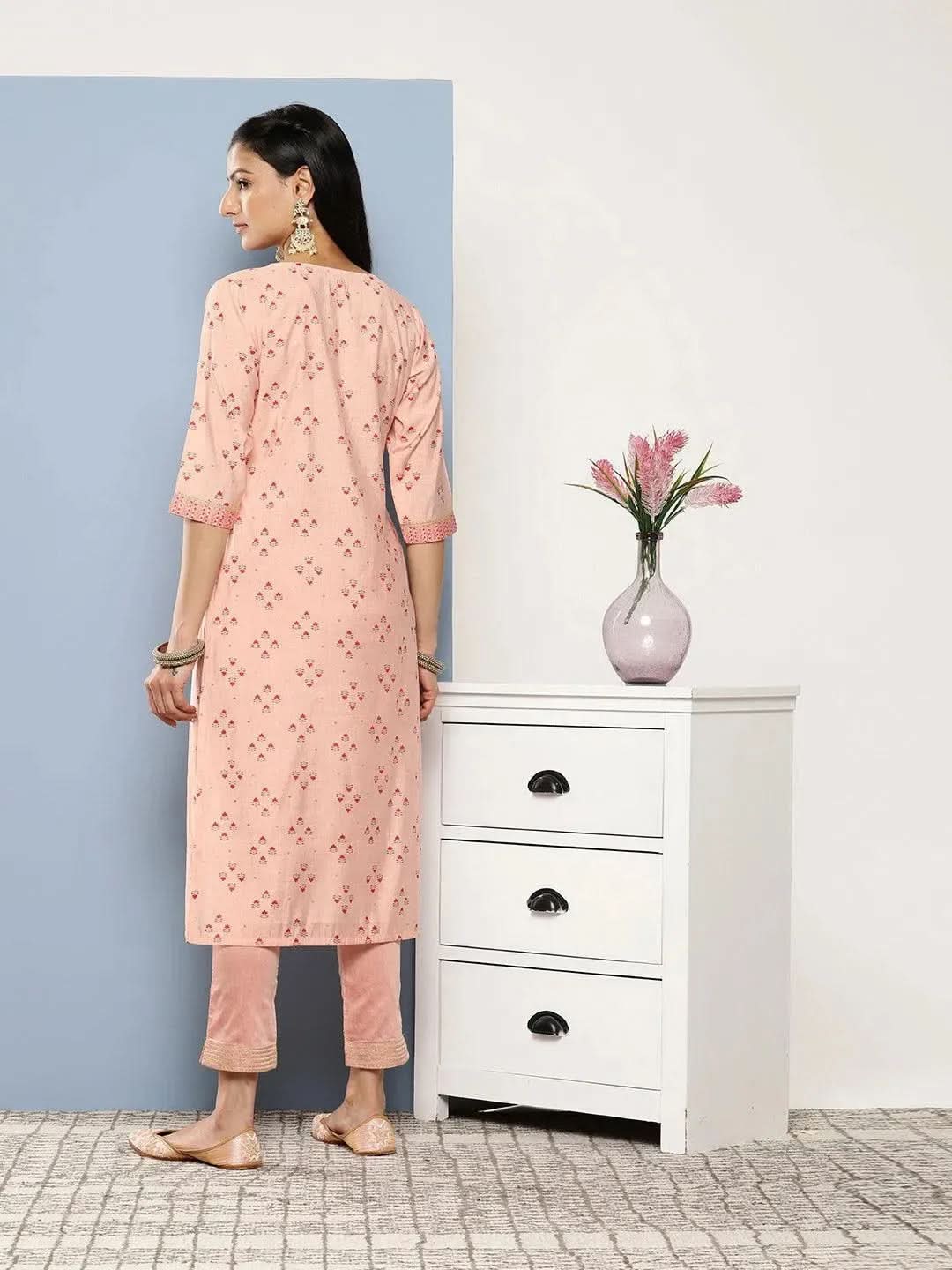 Peach Printed Silk Straight Kurta - Libas