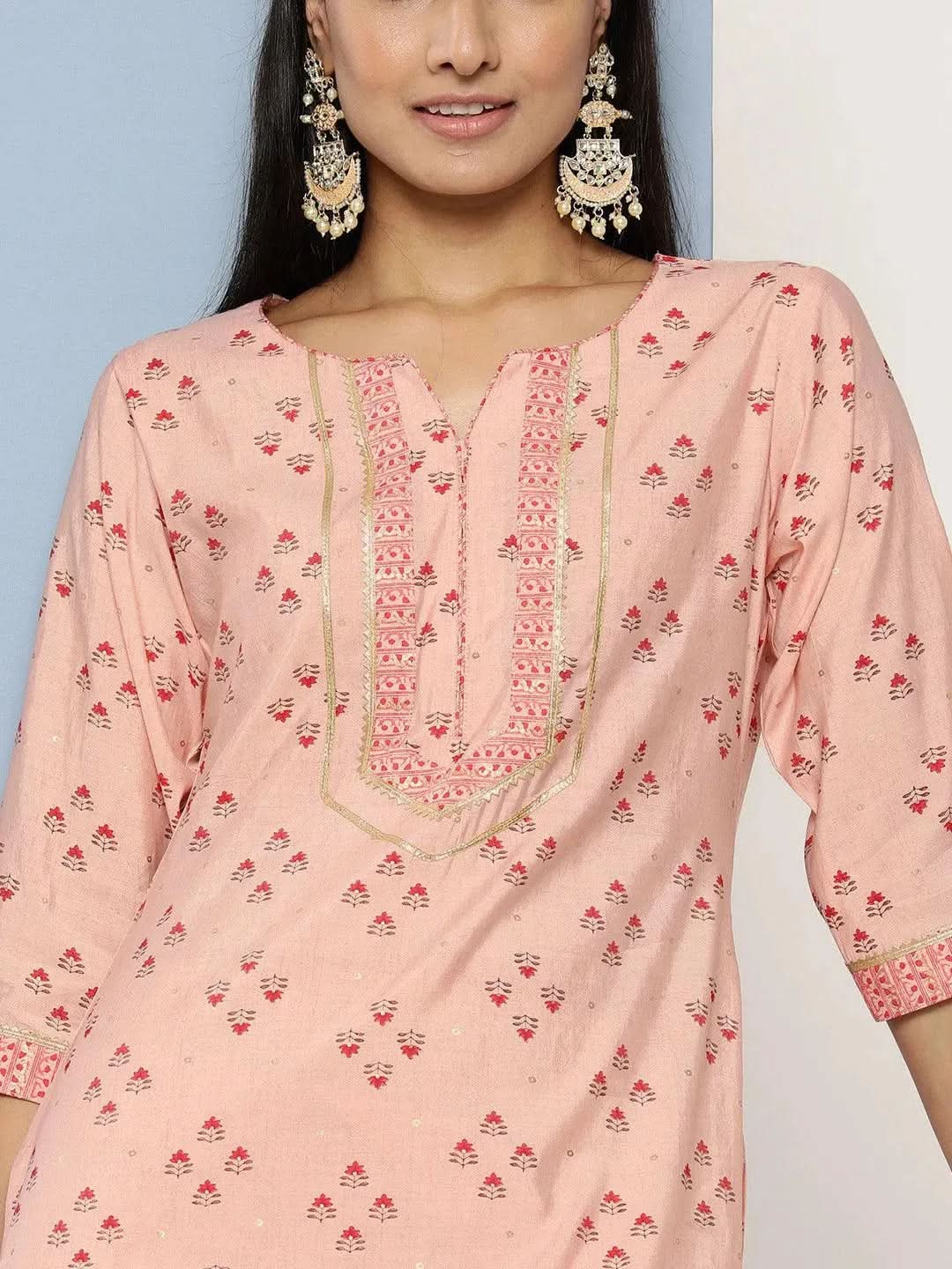 Peach Printed Silk Straight Kurta - Libas