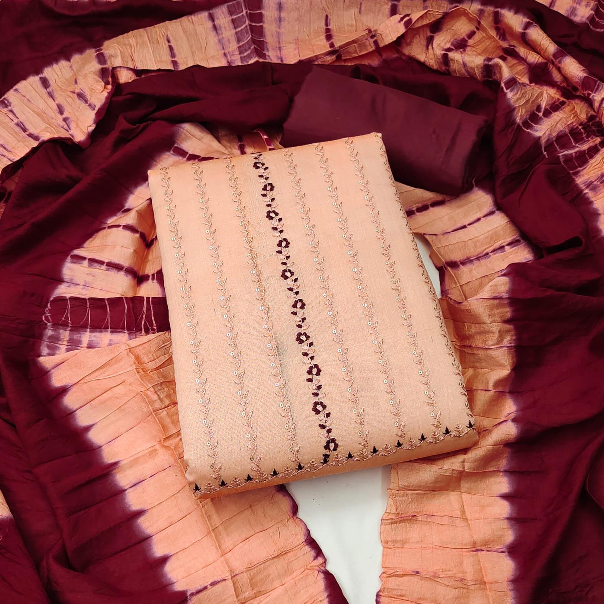 Peach Sequins Embroidered Chanderi Dress Material