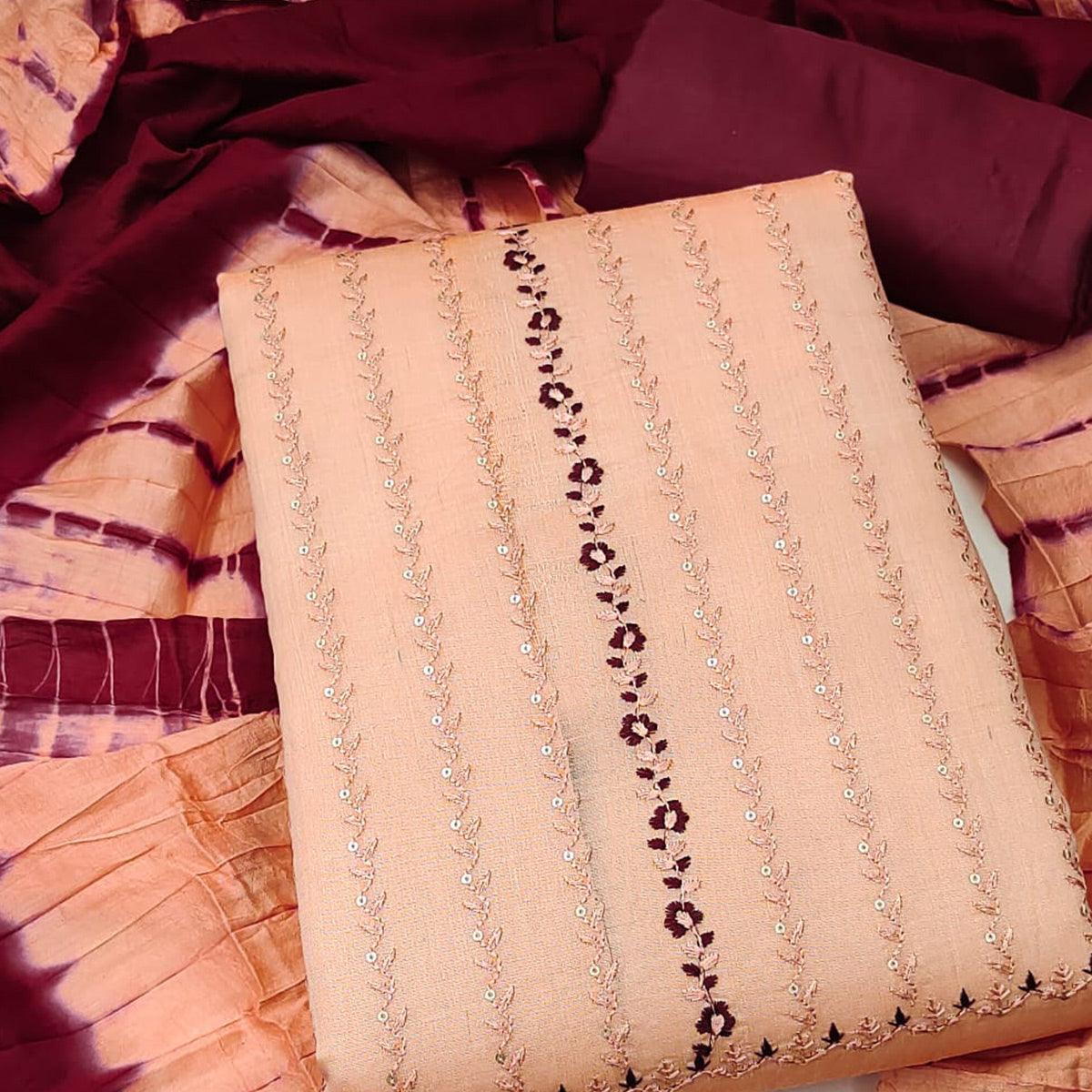 Peach Sequins Embroidered Chanderi Dress Material