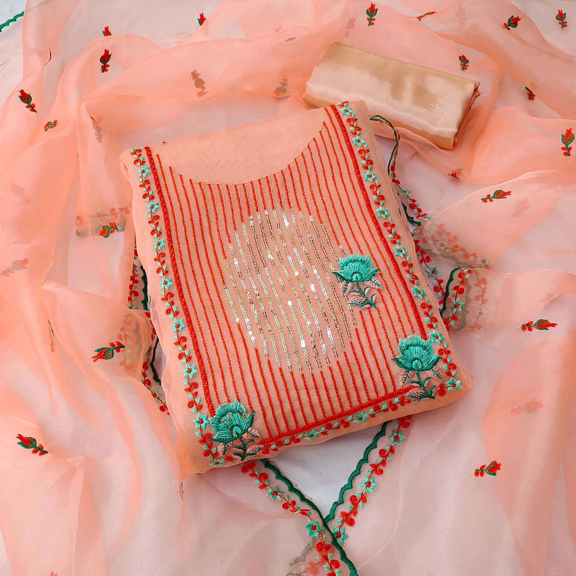 Peach Sequins Floral Embroidered Organza Dress Material