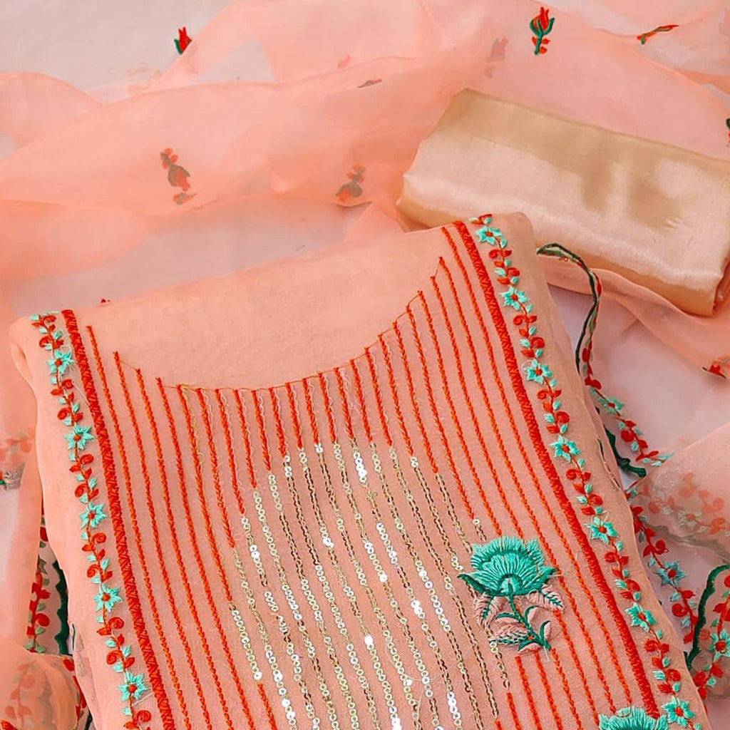 Peach Sequins Floral Embroidered Organza Dress Material