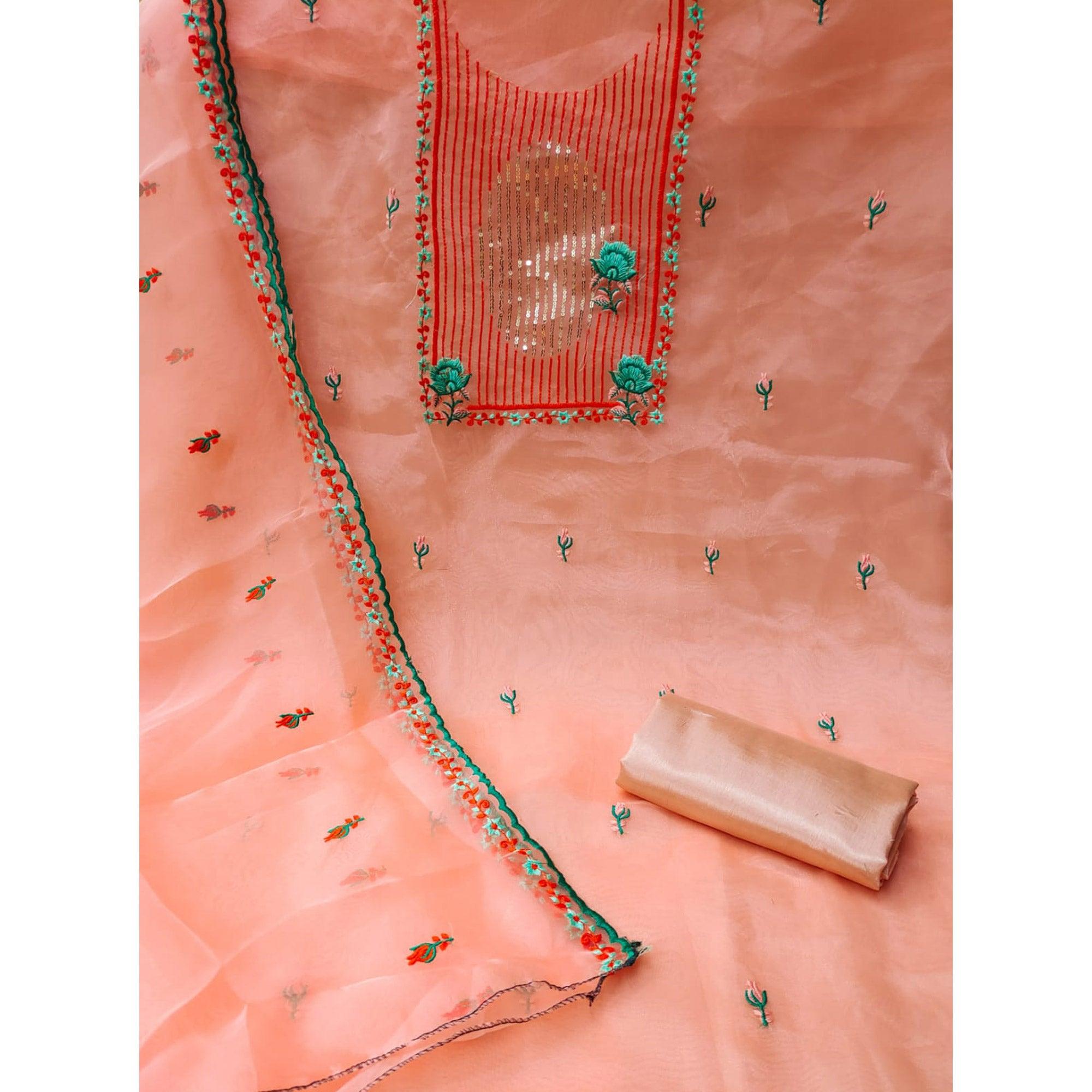 Peach Sequins Floral Embroidered Organza Dress Material