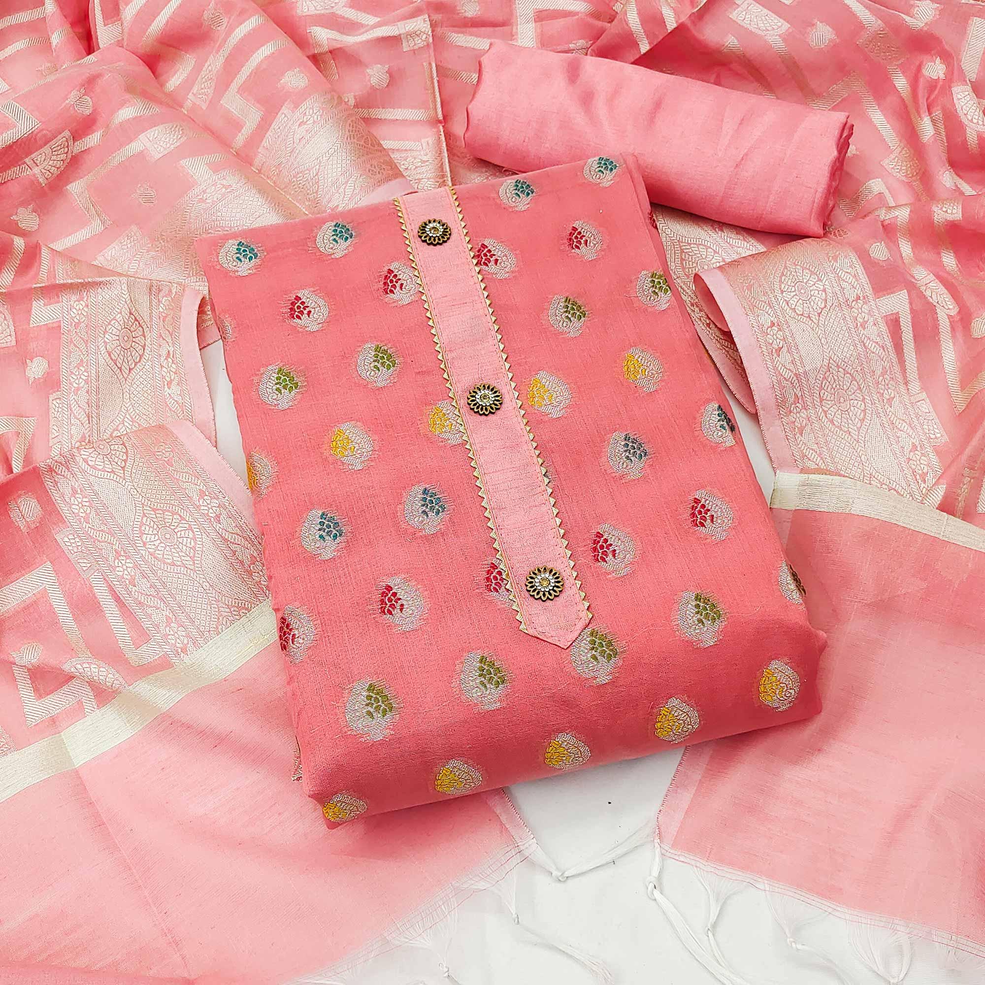 Peach Woven Jacquard Dress Material