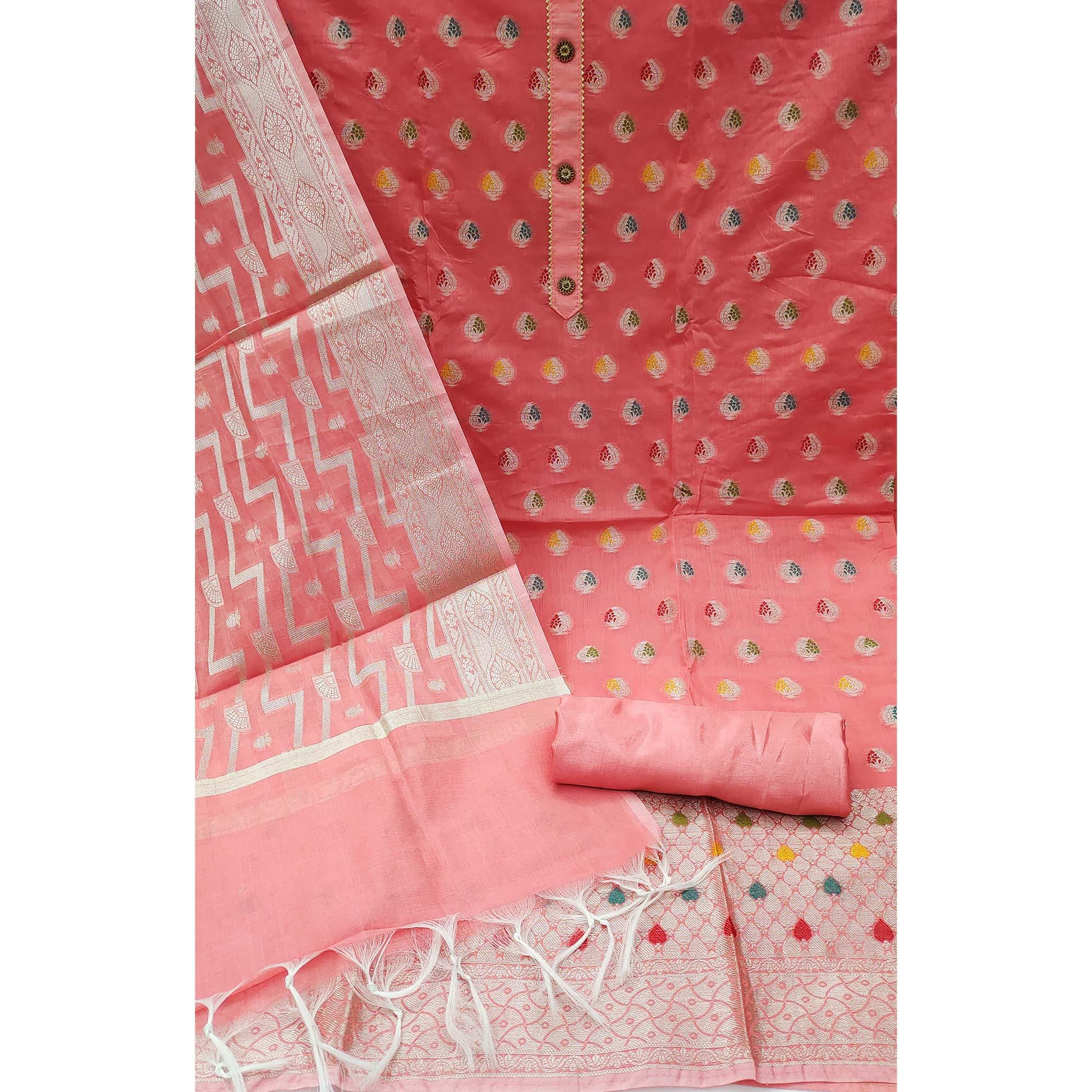 Peach Woven Jacquard Dress Material