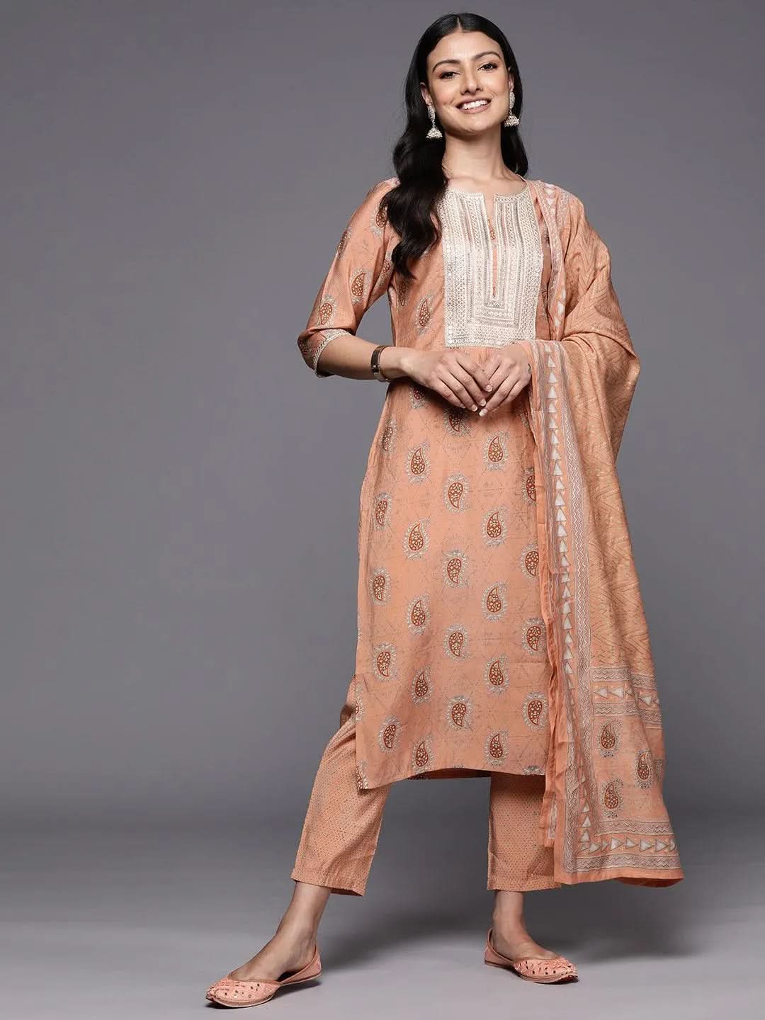 Peach Yoke Design Silk Blend Straight Kurta With Trousers & Dupatta