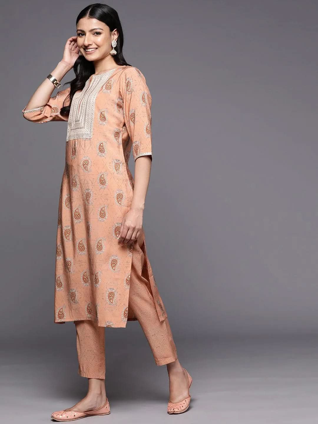 Peach Yoke Design Silk Blend Straight Kurta With Trousers & Dupatta