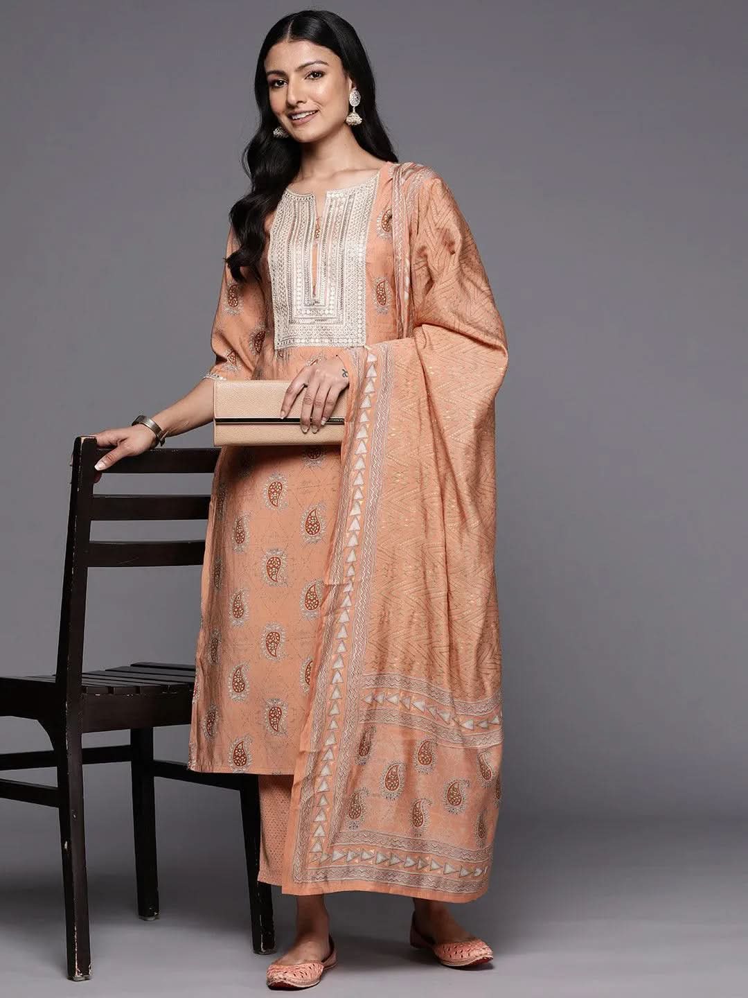 Peach Yoke Design Silk Blend Straight Kurta With Trousers & Dupatta