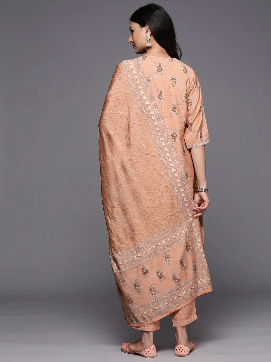 Peach Yoke Design Silk Blend Straight Kurta With Trousers & Dupatta
