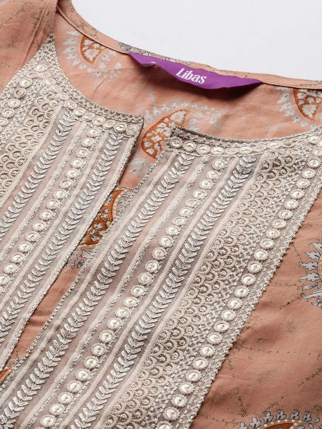 Peach Yoke Design Silk Blend Straight Kurta With Trousers & Dupatta