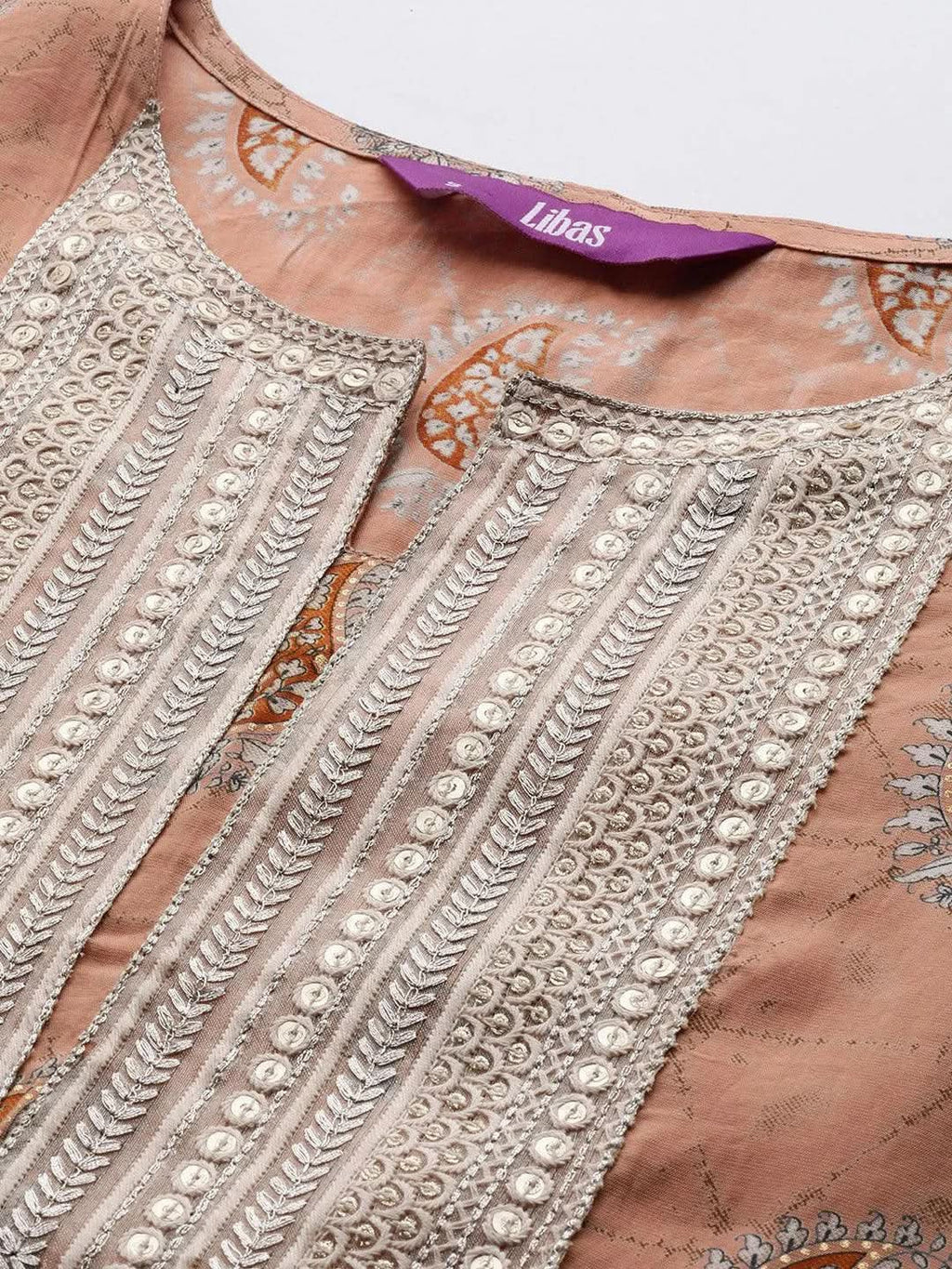 Peach Yoke Design Silk Blend Straight Kurta With Trousers & Dupatta