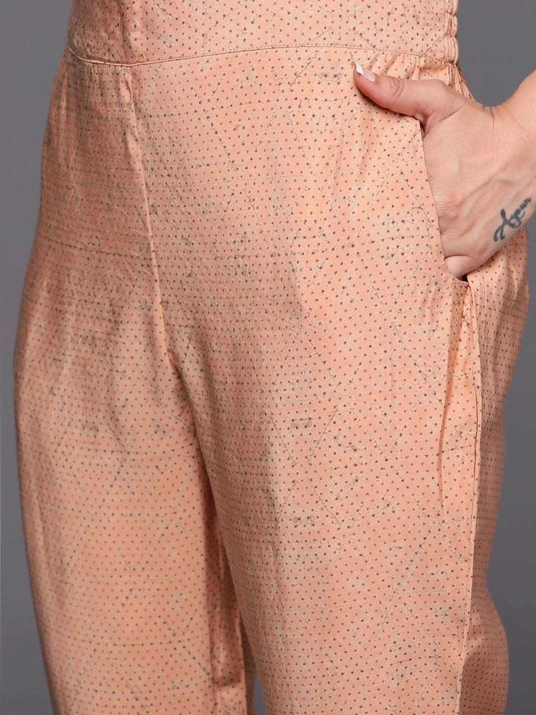 Peach Yoke Design Silk Blend Straight Kurta With Trousers & Dupatta