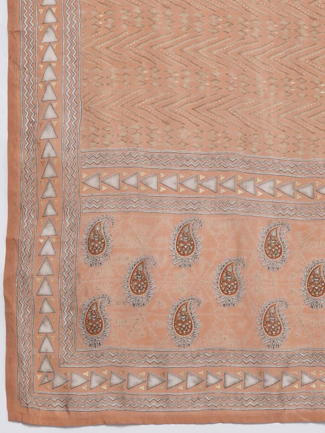 Peach Yoke Design Silk Blend Straight Kurta With Trousers & Dupatta