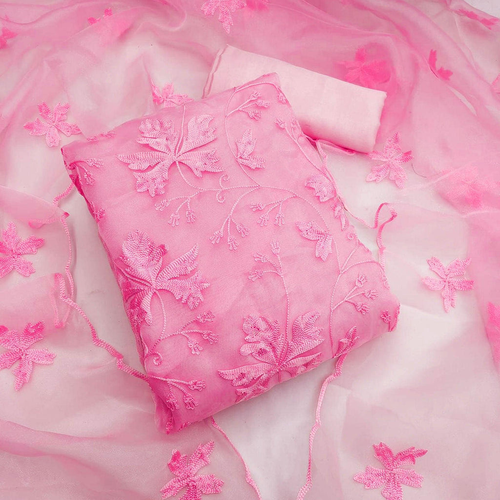 Pink Embroidered Organza Dress Material