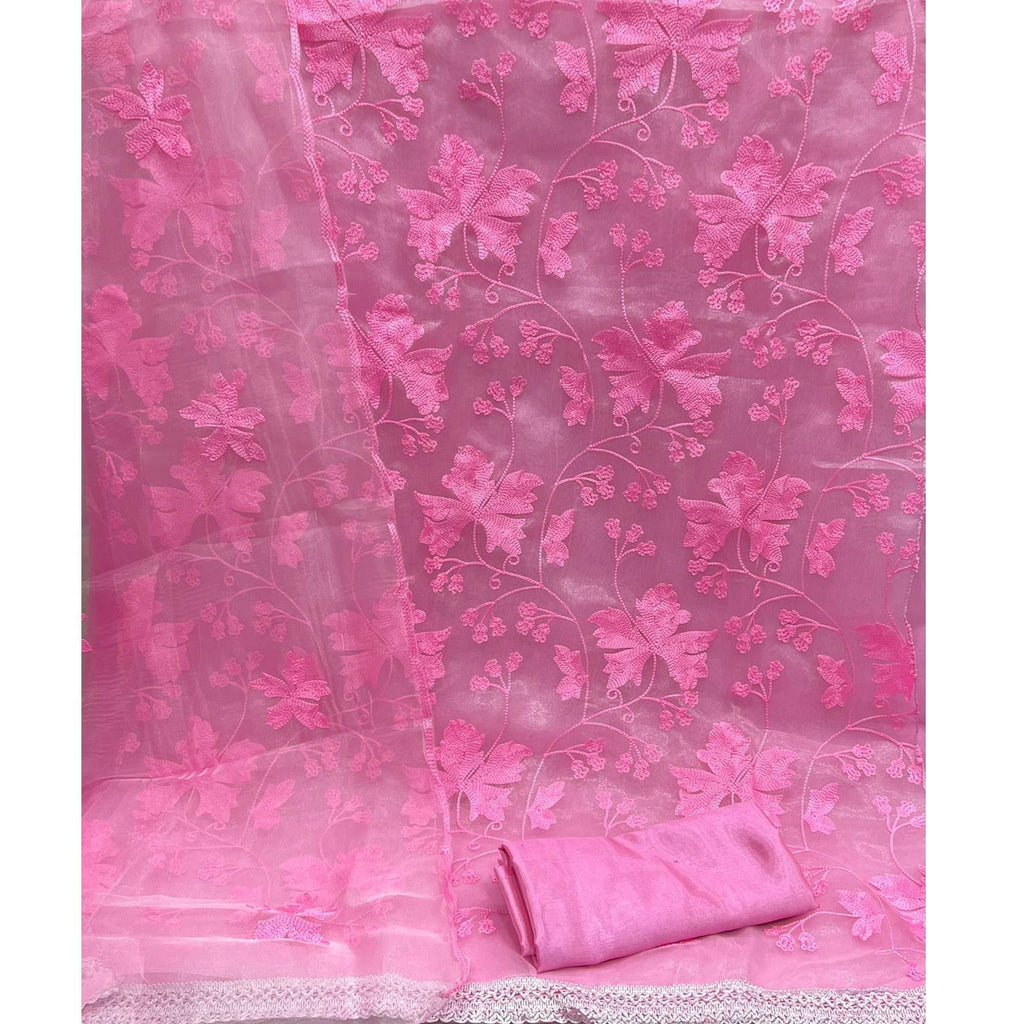 Pink Embroidered Organza Dress Material