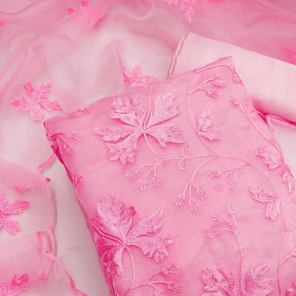 Pink Embroidered Organza Dress Material