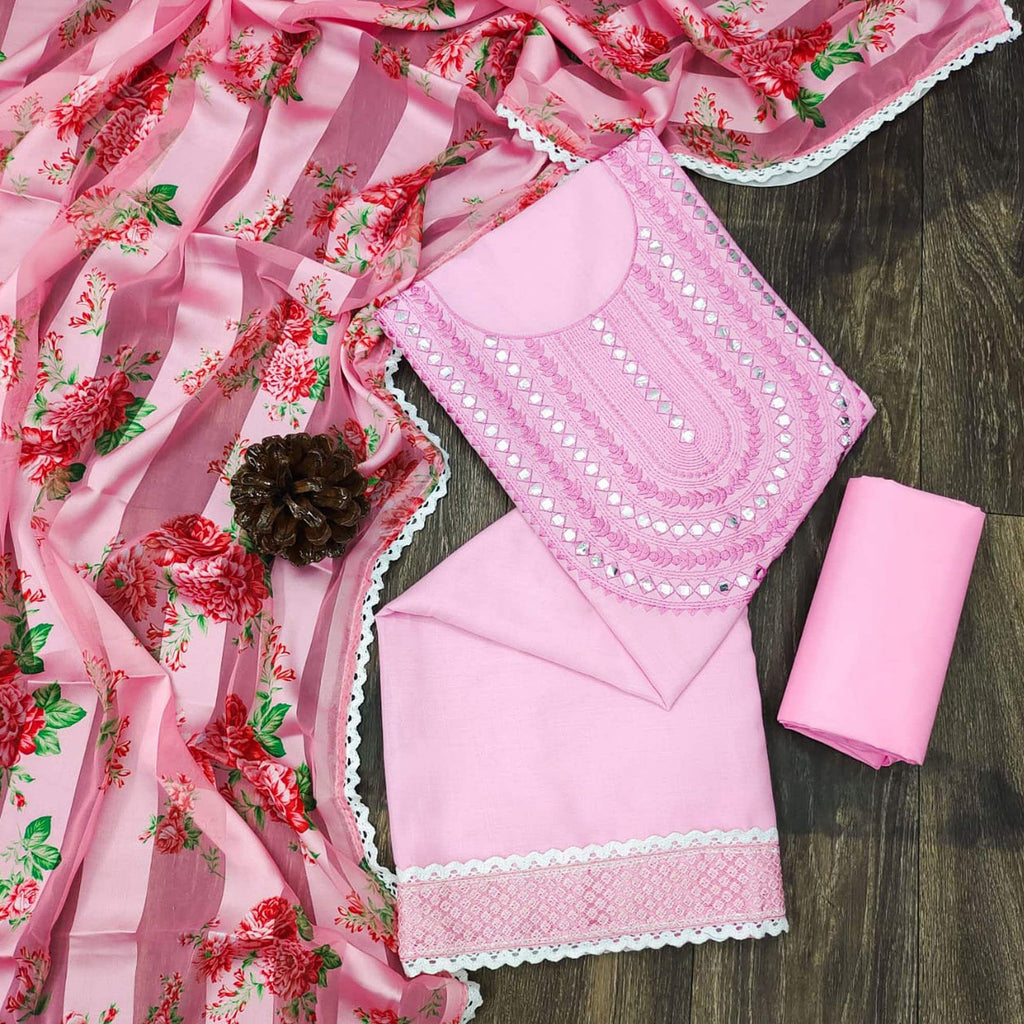 Pink Festive Wear Emebllished With Embroidered Cotton Dress Material
