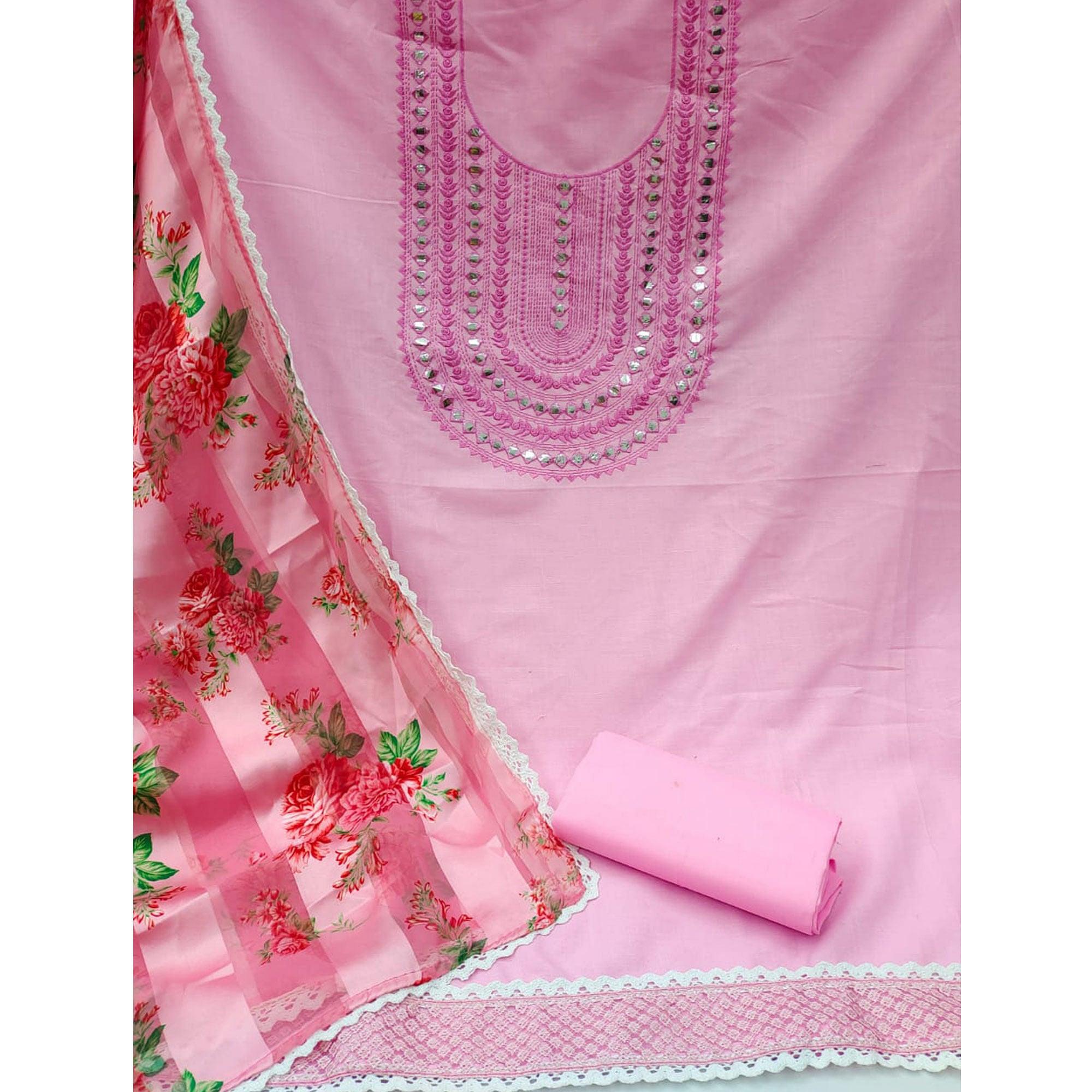 Pink Festive Wear Emebllished With Embroidered Cotton Dress Material