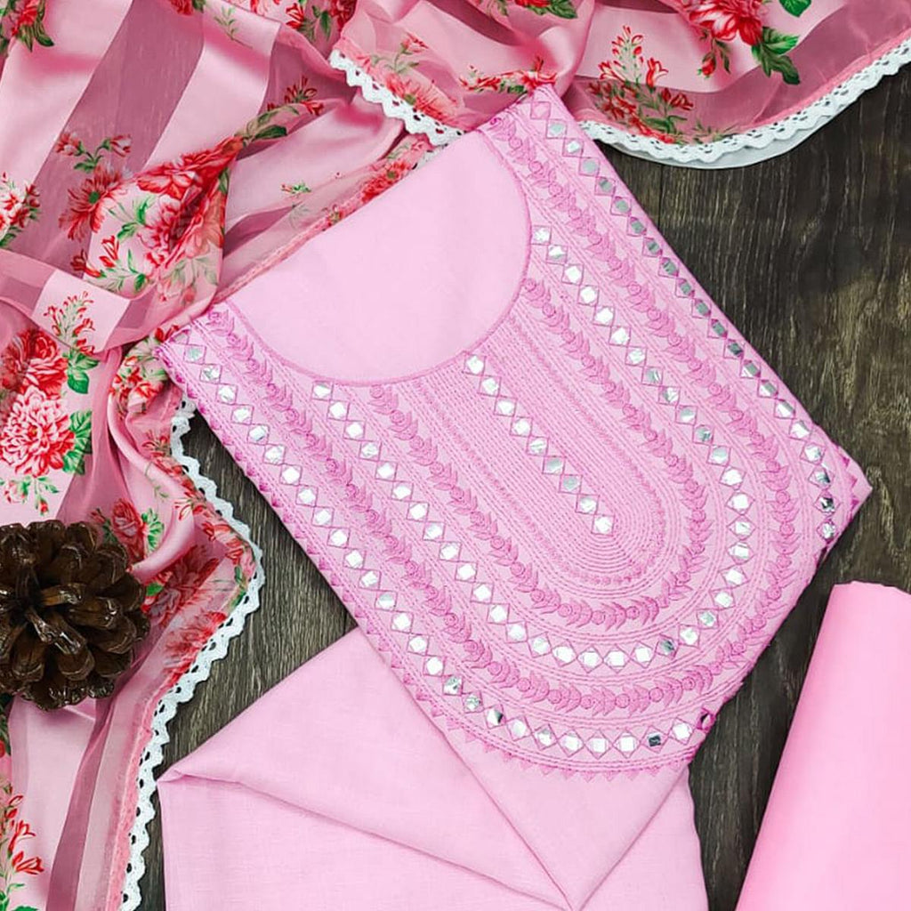 Pink Festive Wear Emebllished With Embroidered Cotton Dress Material