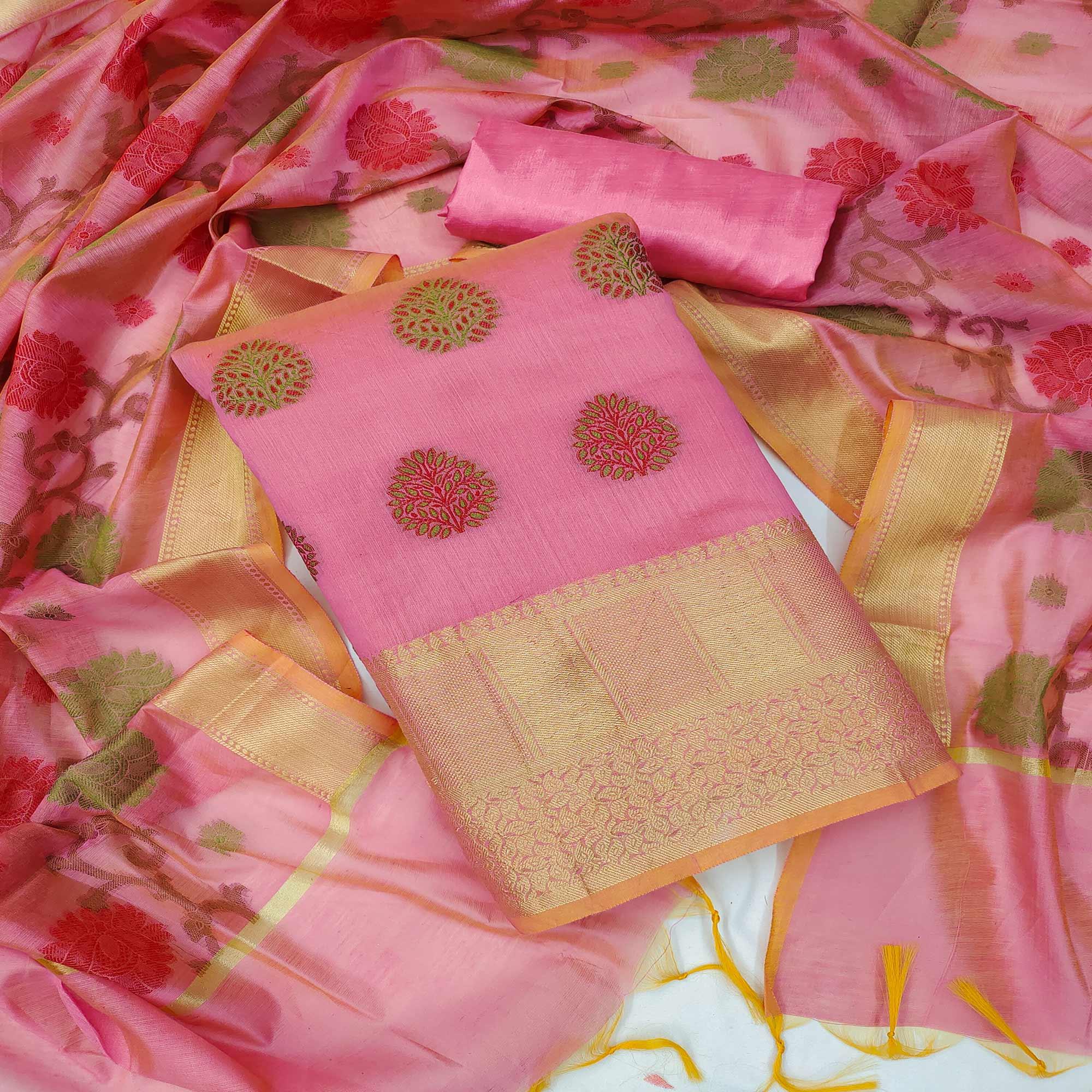 Pink Festive Wear Woven Banarasi Jacquard Dress Material