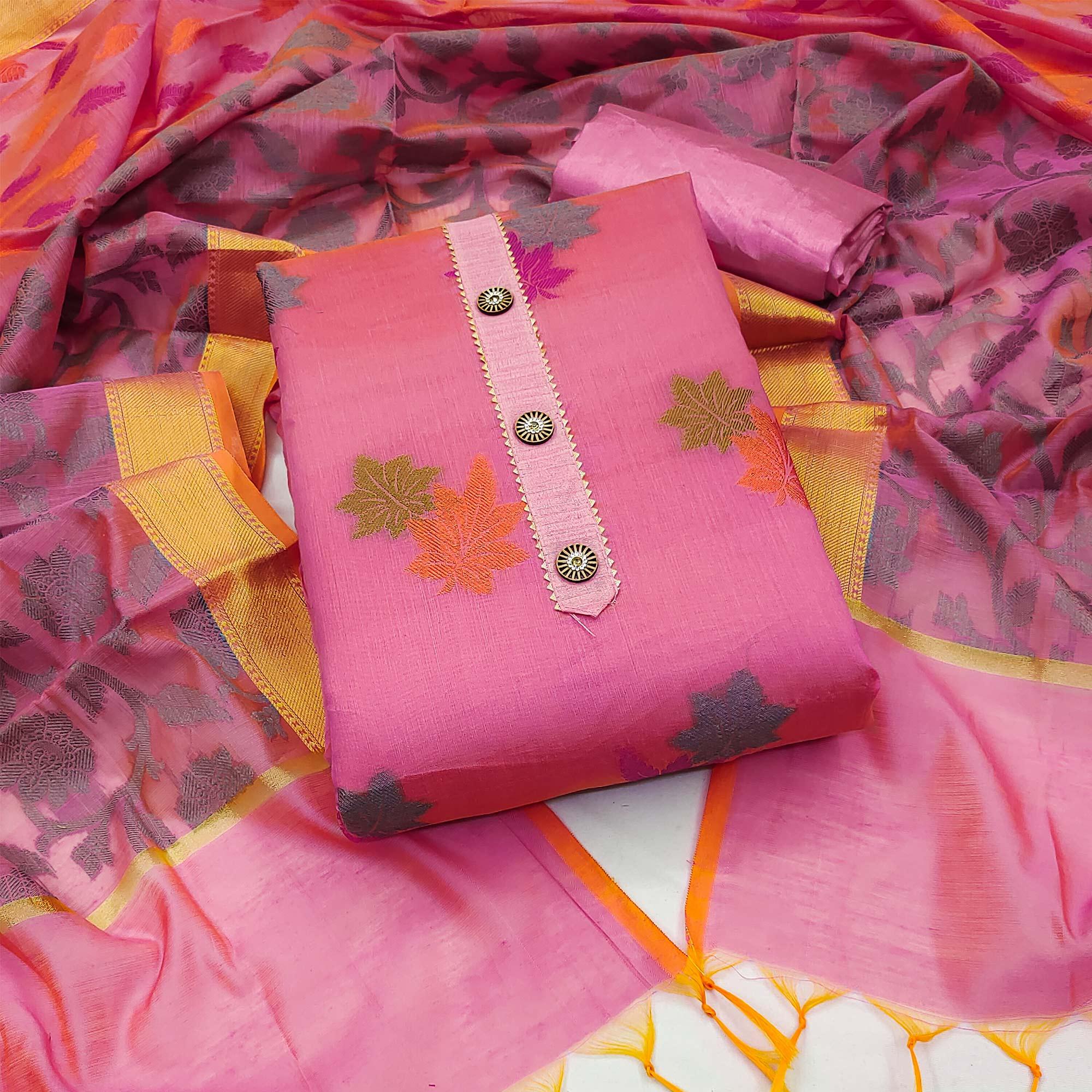 Pink Floral Embroidered Banarasi Silk Dress Material