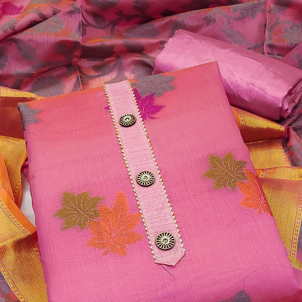 Pink Floral Embroidered Banarasi Silk Dress Material