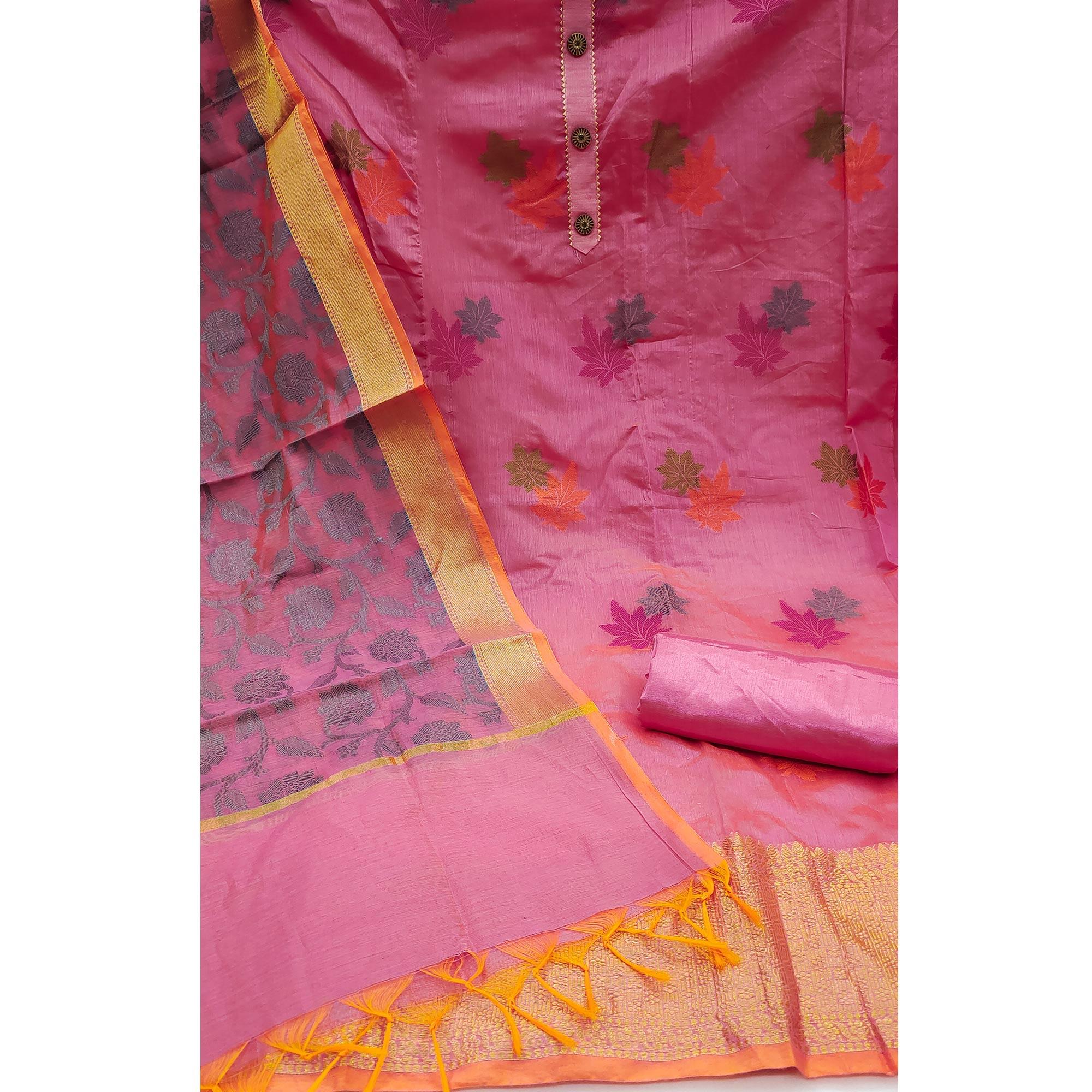 Pink Floral Embroidered Banarasi Silk Dress Material