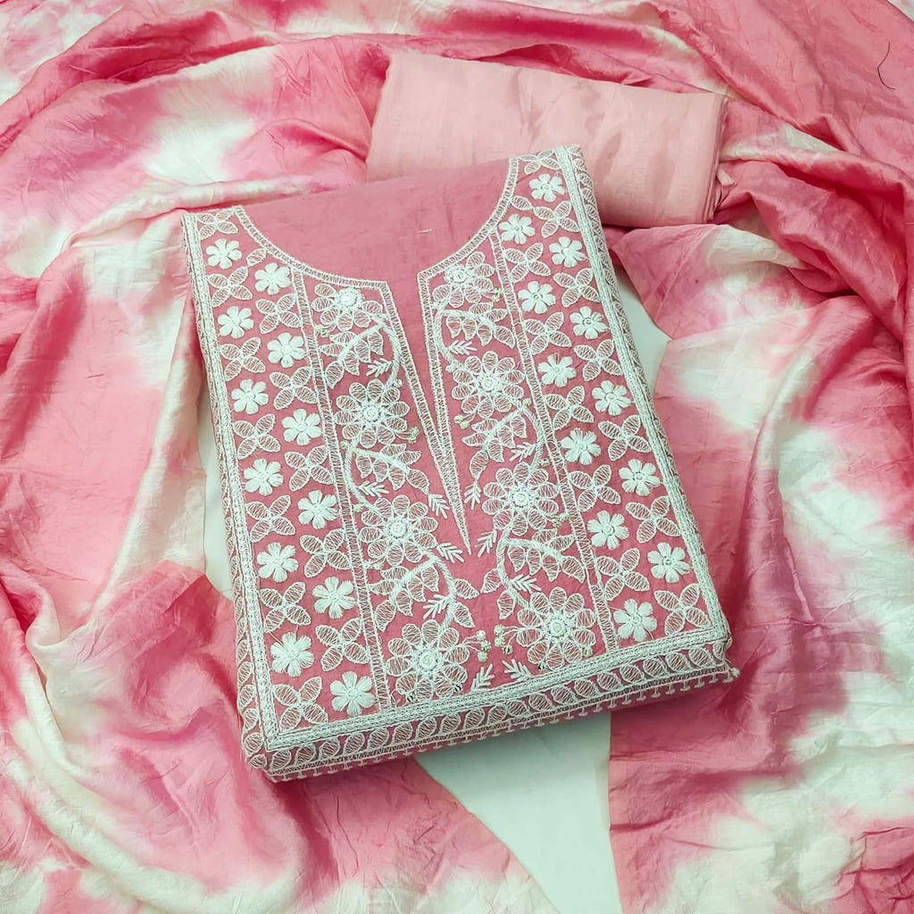 Pink Floral Embroidered Chanderi Dress Material