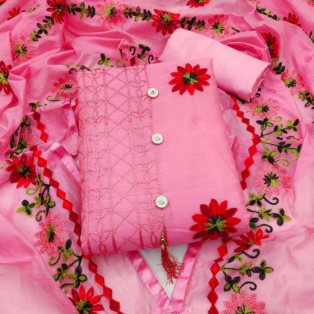 Pink Floral Embroidered Chanderi Dress Material