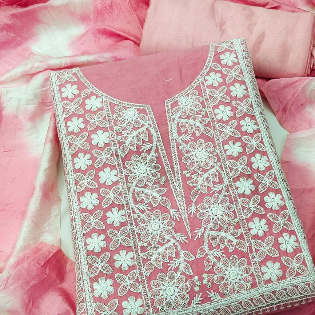 Pink Floral Embroidered Chanderi Dress Material