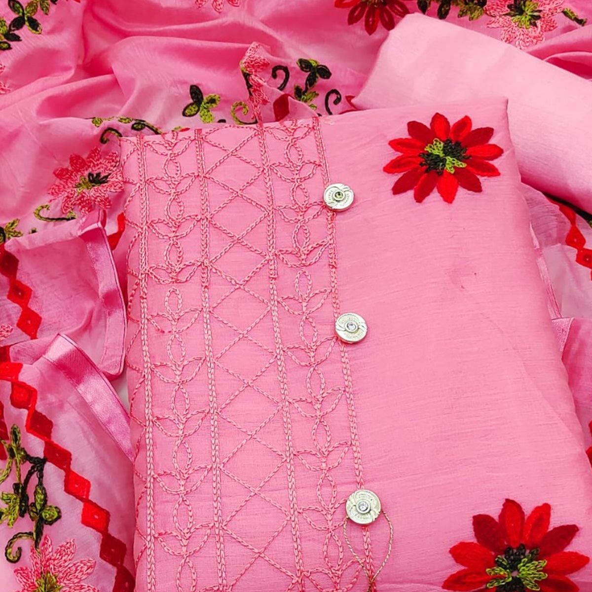 Pink Floral Embroidered Chanderi Dress Material