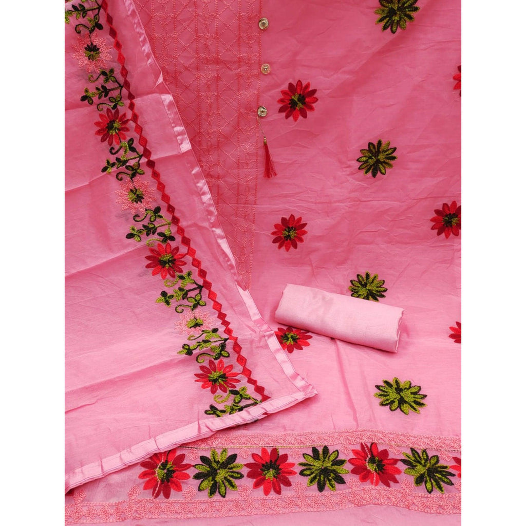 Pink Floral Embroidered Chanderi Dress Material