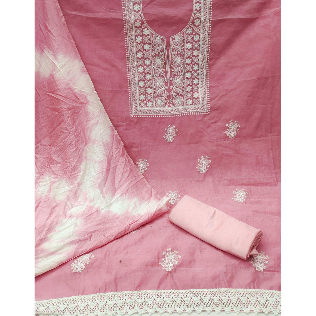 Pink Floral Embroidered Chanderi Dress Material