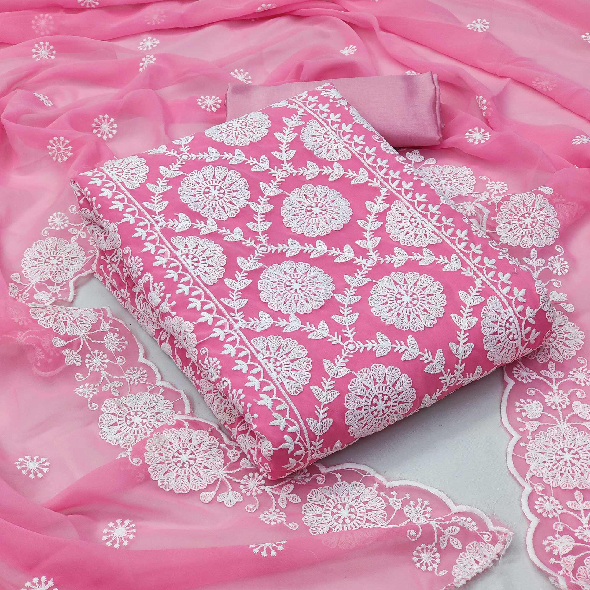 Pink Floral Embroidered Georgette Dress Material