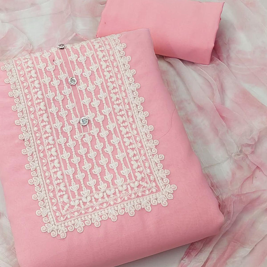 Pink Floral Embroidered Georgette Dress Material