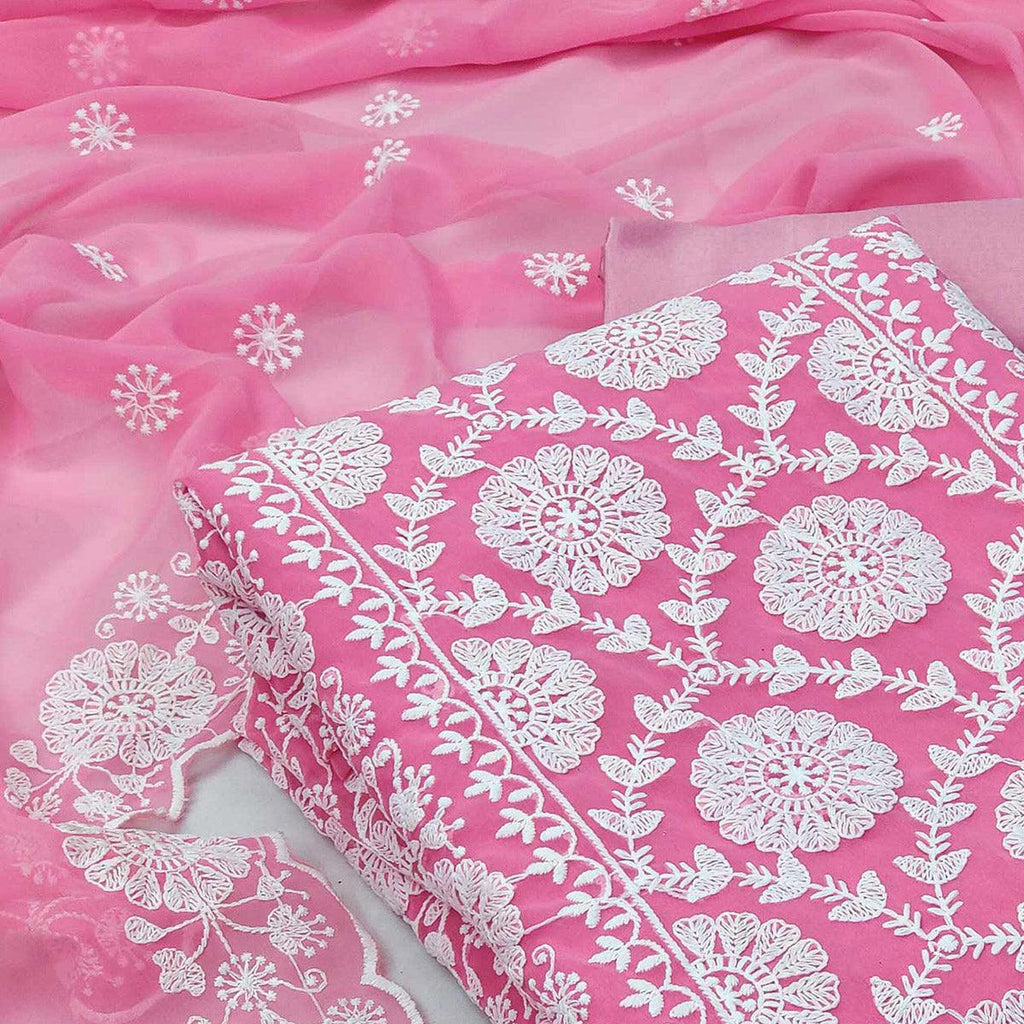 Pink Floral Embroidered Georgette Dress Material
