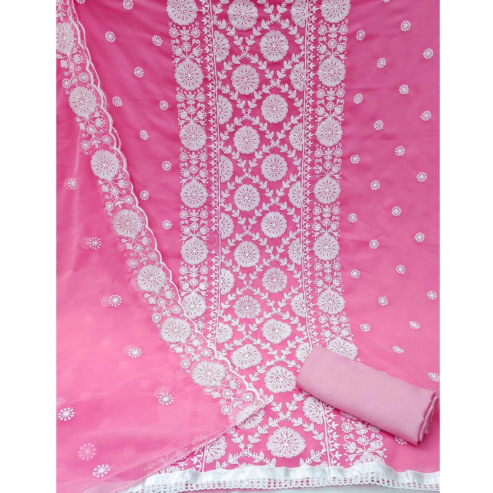Pink Floral Embroidered Georgette Dress Material